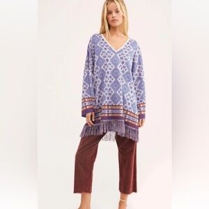 Free People It’s a Cinch Poncho Lavender Patterned Fringe Tunic Dress Sz Sall